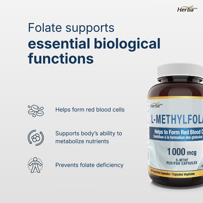 L-Methylfolate 1000mcg - 180 Capsules | Vitamin B9 5-MTHF Folate Supplement | Made in Canada