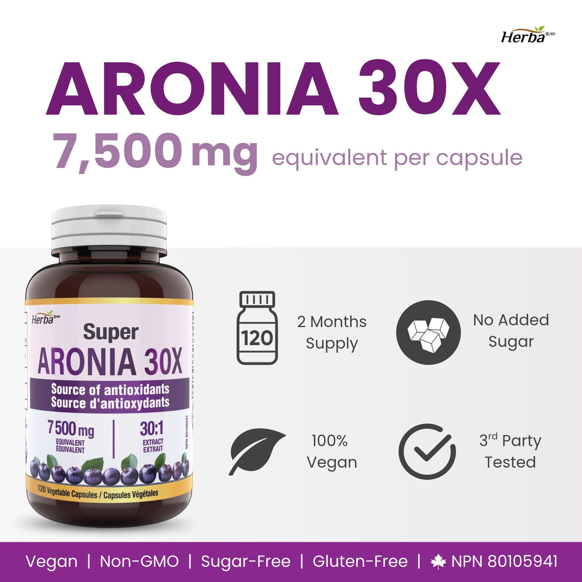 Aronia Berry Extract 250mg – 120 Capsules | 7500mg Fruit Equivalent | 30:1 Aronia Extract Supplement