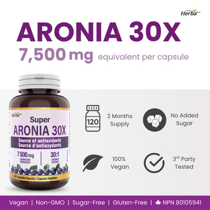 Aronia Berry Extract 250mg – 120 Capsules | 7500mg Fruit Equivalent | 30:1 Aronia Extract Supplement