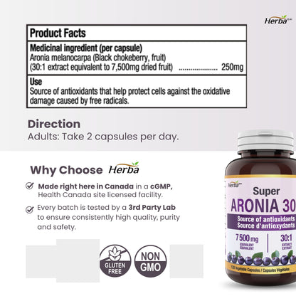 Aronia Berry Extract 250mg – 120 Capsules | 7500mg Fruit Equivalent | 30:1 Aronia Extract Supplement