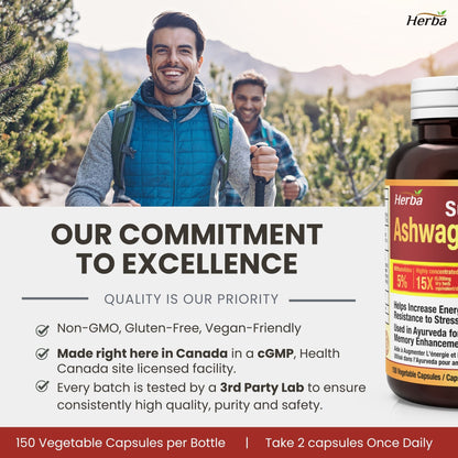 Ashwagandha Supplement - 150 Capsules | Made in Canada | 6000mg Dry Powder Equivalent Per Day