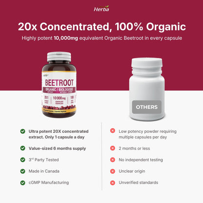 Supplément de racine de betterave biologique - 180 Capsules | Équivalent à 10 000 mg - Extrait de betterave 20:1 | Fabriqué au Canada