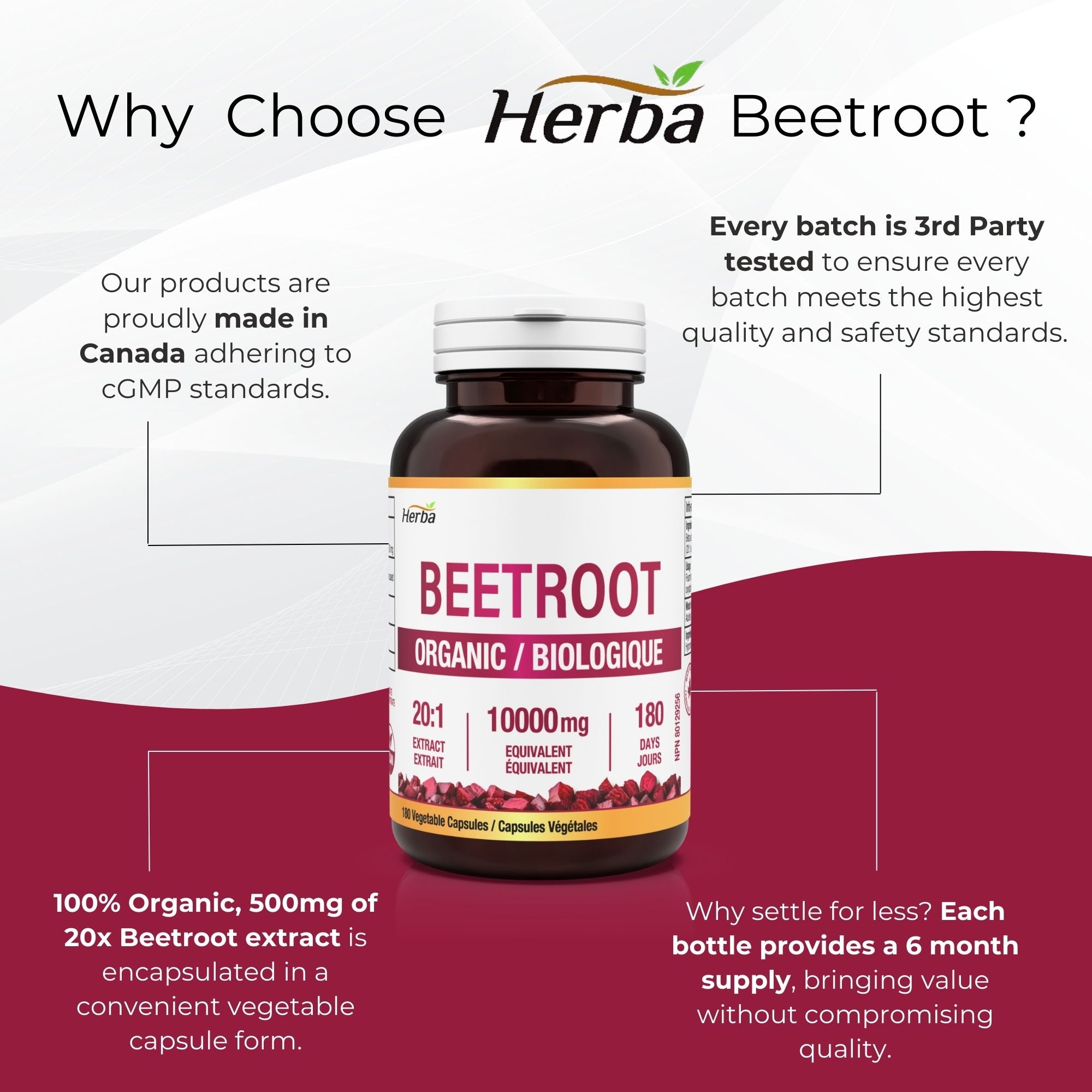 Organic Beet Root Supplement - 180 Capsules | 10,000mg Equivalent - 20:1 Extract Beetroot | Made in Canada