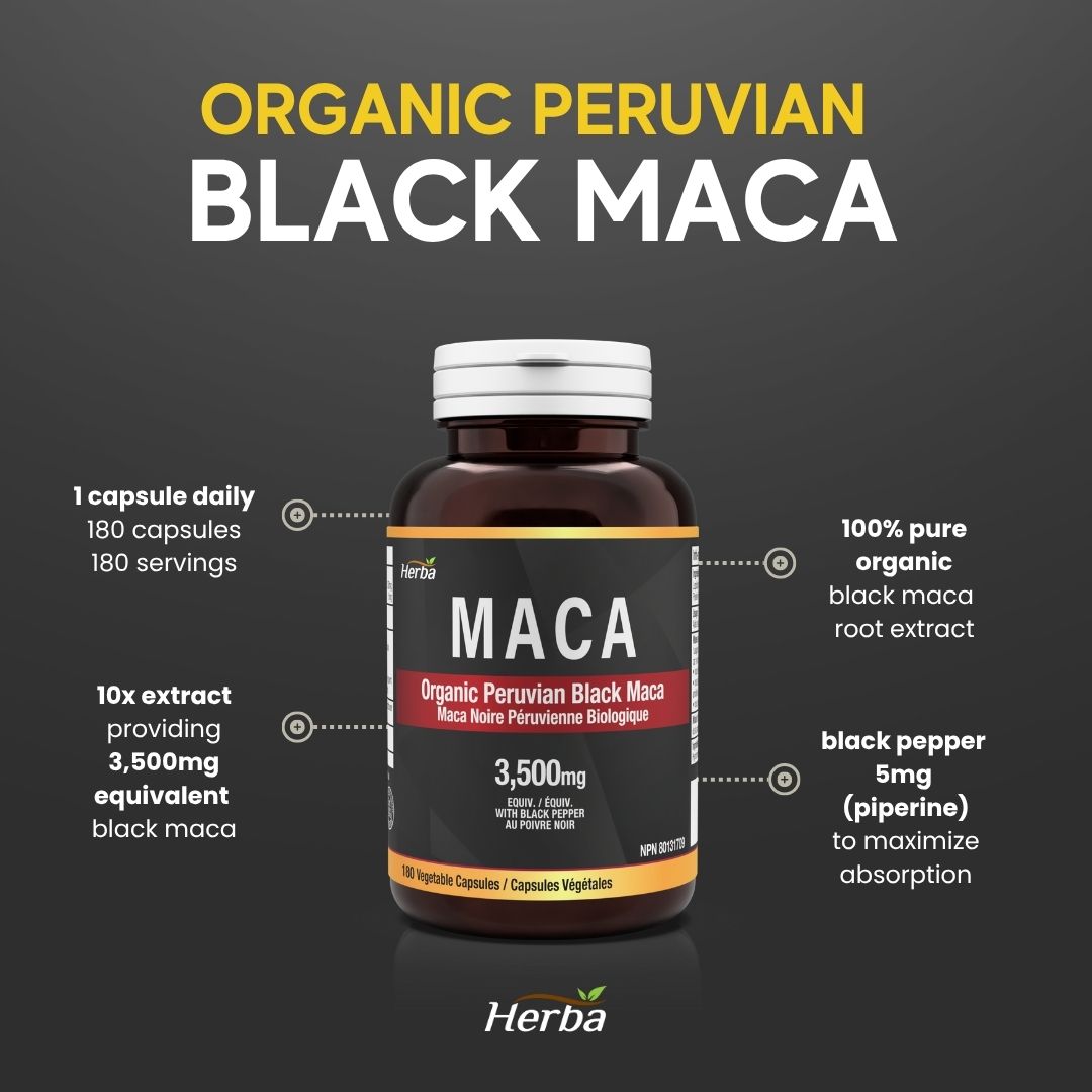 Gélules de Maca noire biologique - 3500 mg, 180 gélules | Maca noire péruvienne | Fabriqué au Canada