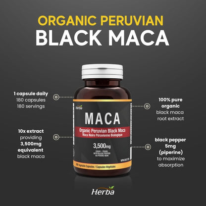 Gélules de Maca noire biologique - 3500 mg, 180 gélules | Maca noire péruvienne | Fabriqué au Canada