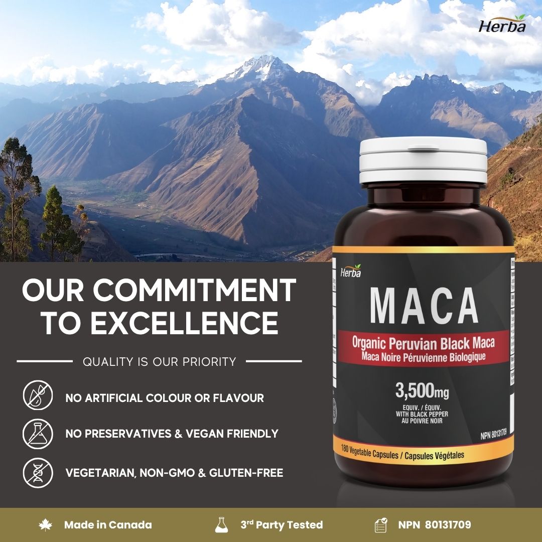 Gélules de Maca noire biologique - 3500 mg, 180 gélules | Maca noire péruvienne | Fabriqué au Canada