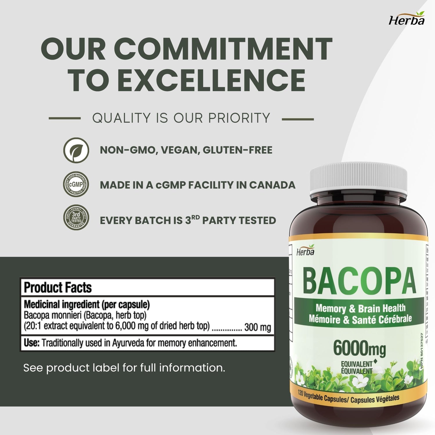Supplément de Bacopa Monnieri – 120 Capsules | 300mg, extrait 20:1 - équivalent de 6,000mg | Fabriqué au Canada