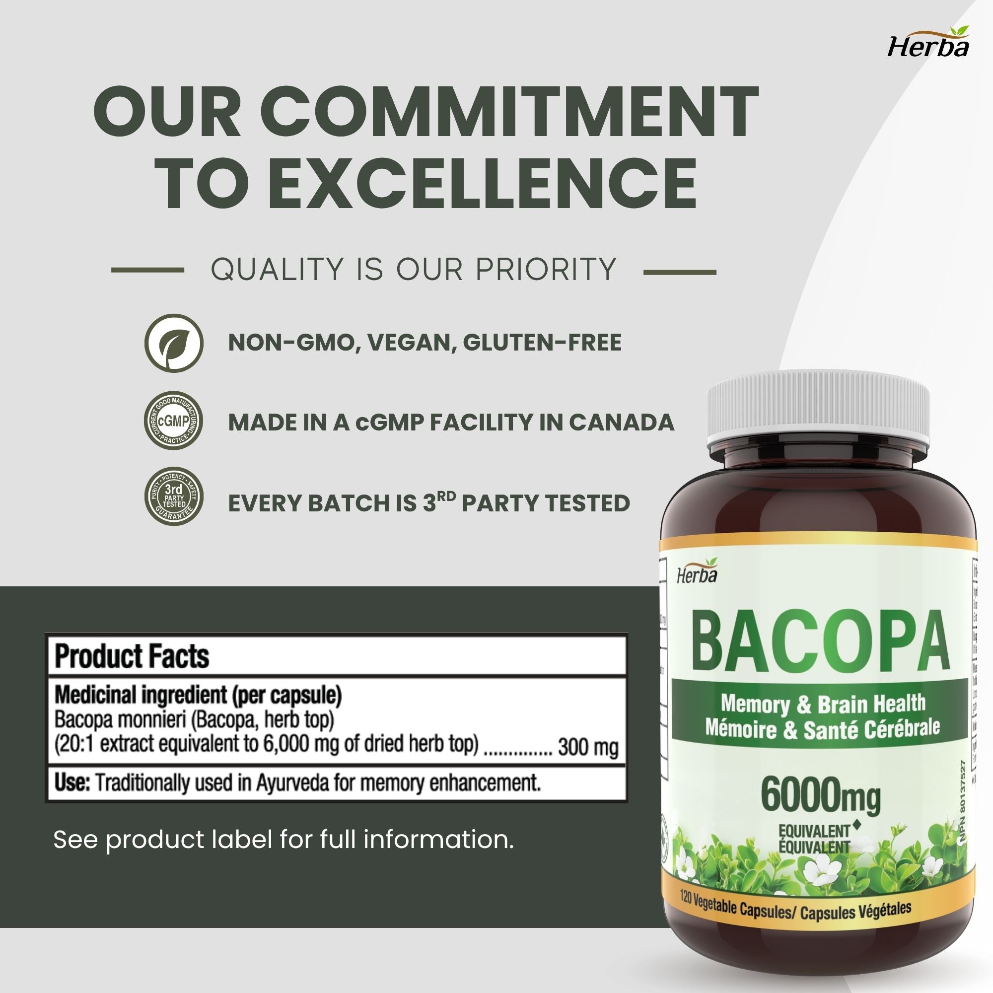 Supplément de Bacopa Monnieri – 120 Capsules | 300mg, extrait 20:1 - équivalent de 6,000mg | Fabriqué au Canada