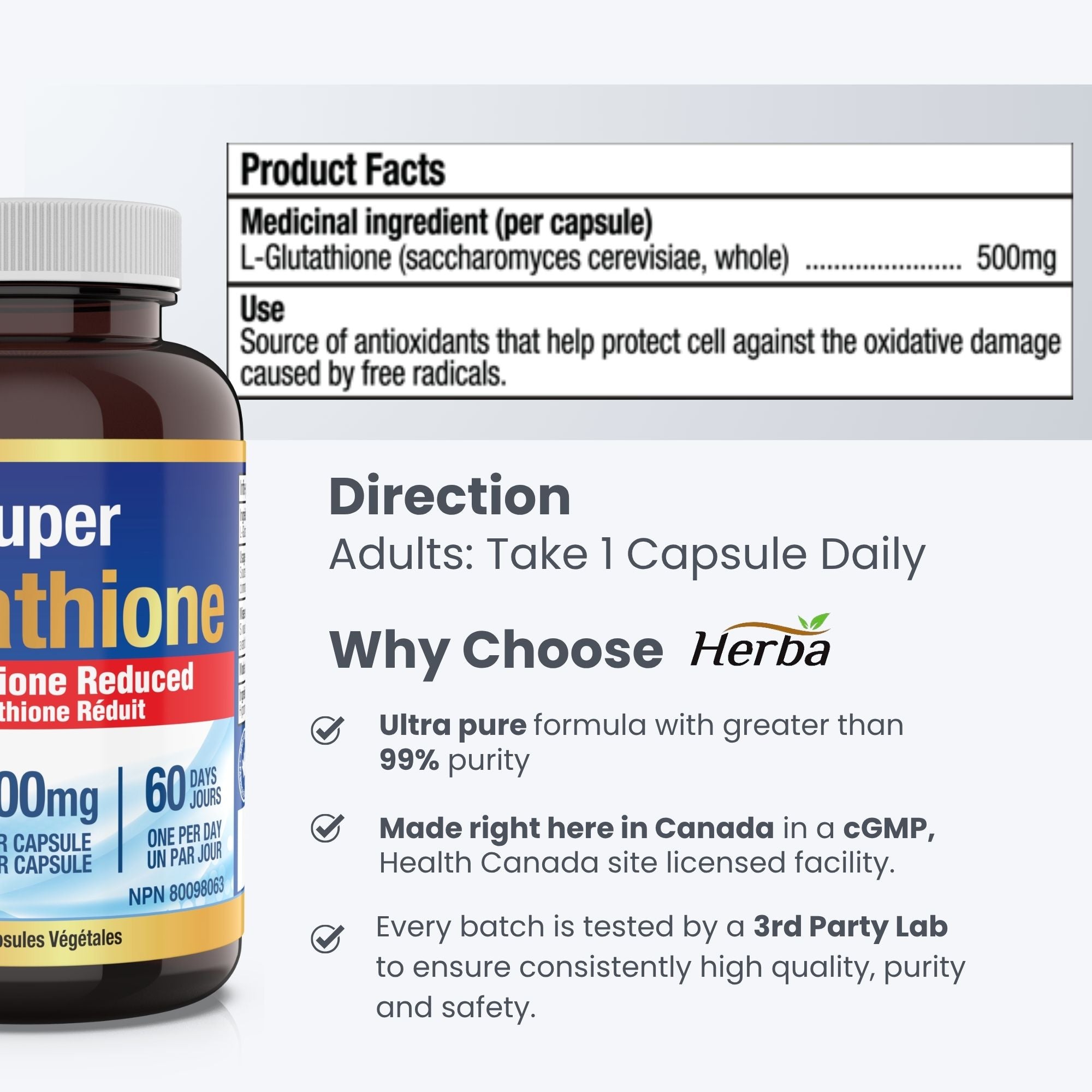 Suppléments de glutathion 500 mg, 60 gélules végétales-L-glutathion forme active réduite