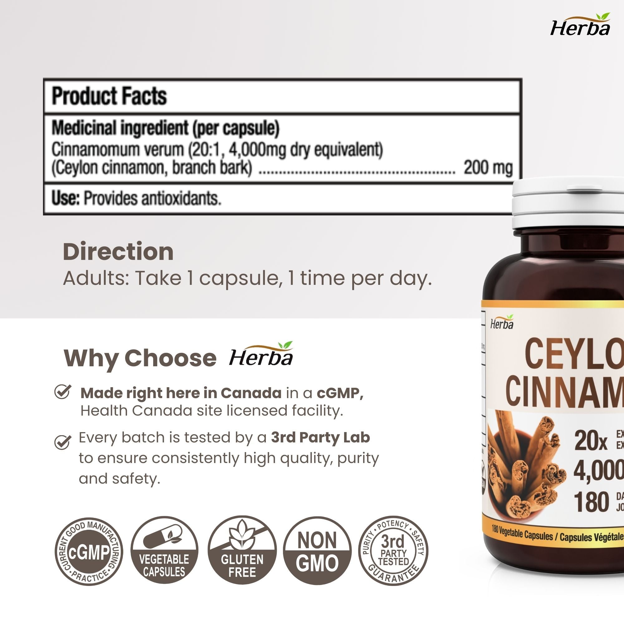 Gélules de cannelle de Ceylan 4000 mg - 180 gélules végétales | Extrait 20:1 | Fabriqué au Canada