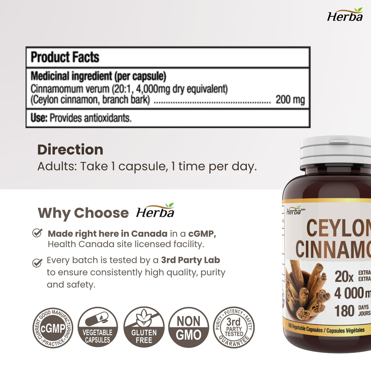 Gélules de cannelle de Ceylan 4000 mg - 180 gélules végétales | Extrait 20:1 | Fabriqué au Canada