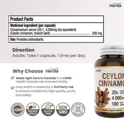 Gélules de cannelle de Ceylan 4000 mg - 180 gélules végétales | Extrait 20:1 | Fabriqué au Canada