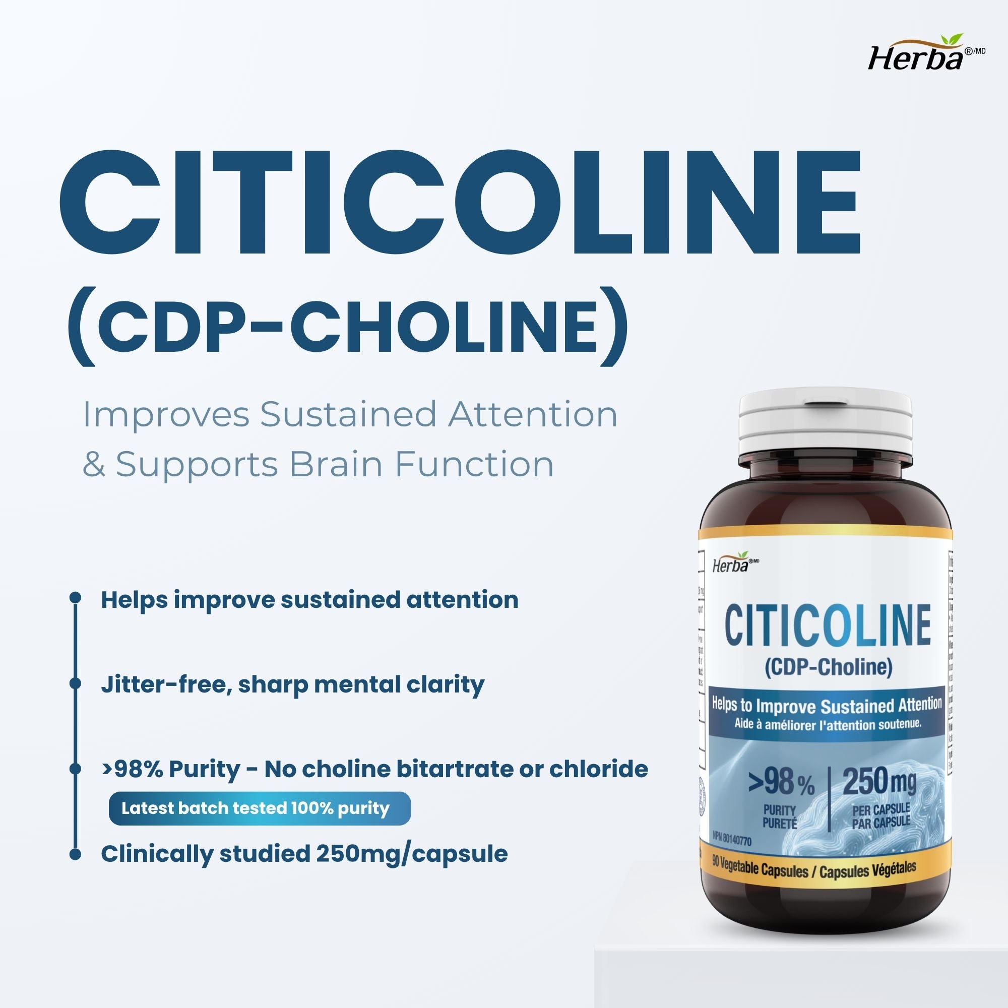 Supplément de Citicoline 250mg – 90 Capsules | >98% Ultra Pur CDP Choline | Fabriqué au Canada