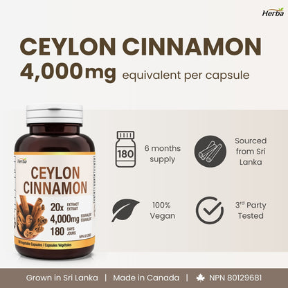 Gélules de cannelle de Ceylan 4000 mg - 180 gélules végétales | Extrait 20:1 | Fabriqué au Canada