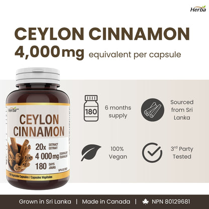 Gélules de cannelle de Ceylan 4000 mg - 180 gélules végétales | Extrait 20:1 | Fabriqué au Canada