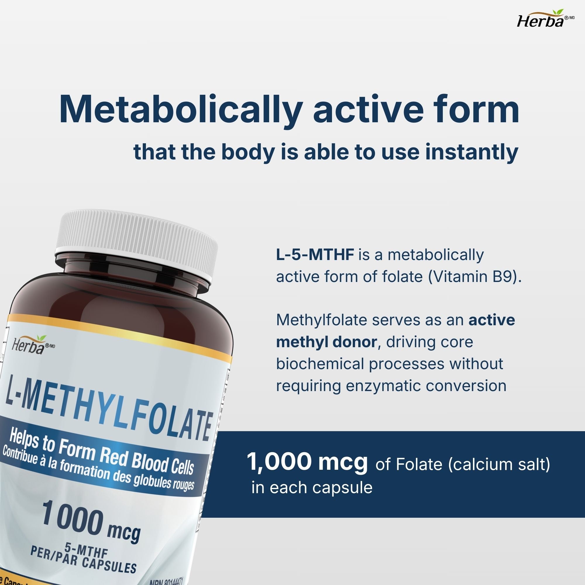 L-Methylfolate 1000mcg - 180 Capsules | Vitamin B9 5-MTHF Folate Supplement | Made in Canada