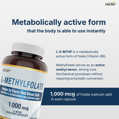 L-Methylfolate 1000mcg - 180 Capsules | Vitamin B9 5-MTHF Folate Supplement | Made in Canada