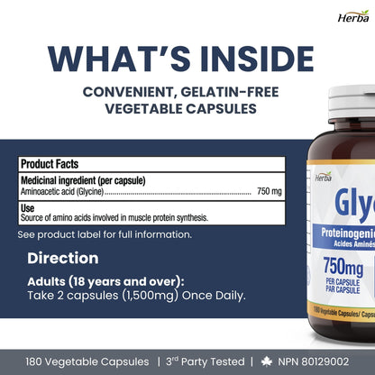 Herba Glycine Supplement 750mg - 180 Capsules - &gt;99% Ultra Pure Glycine Capsules | Made in Canada