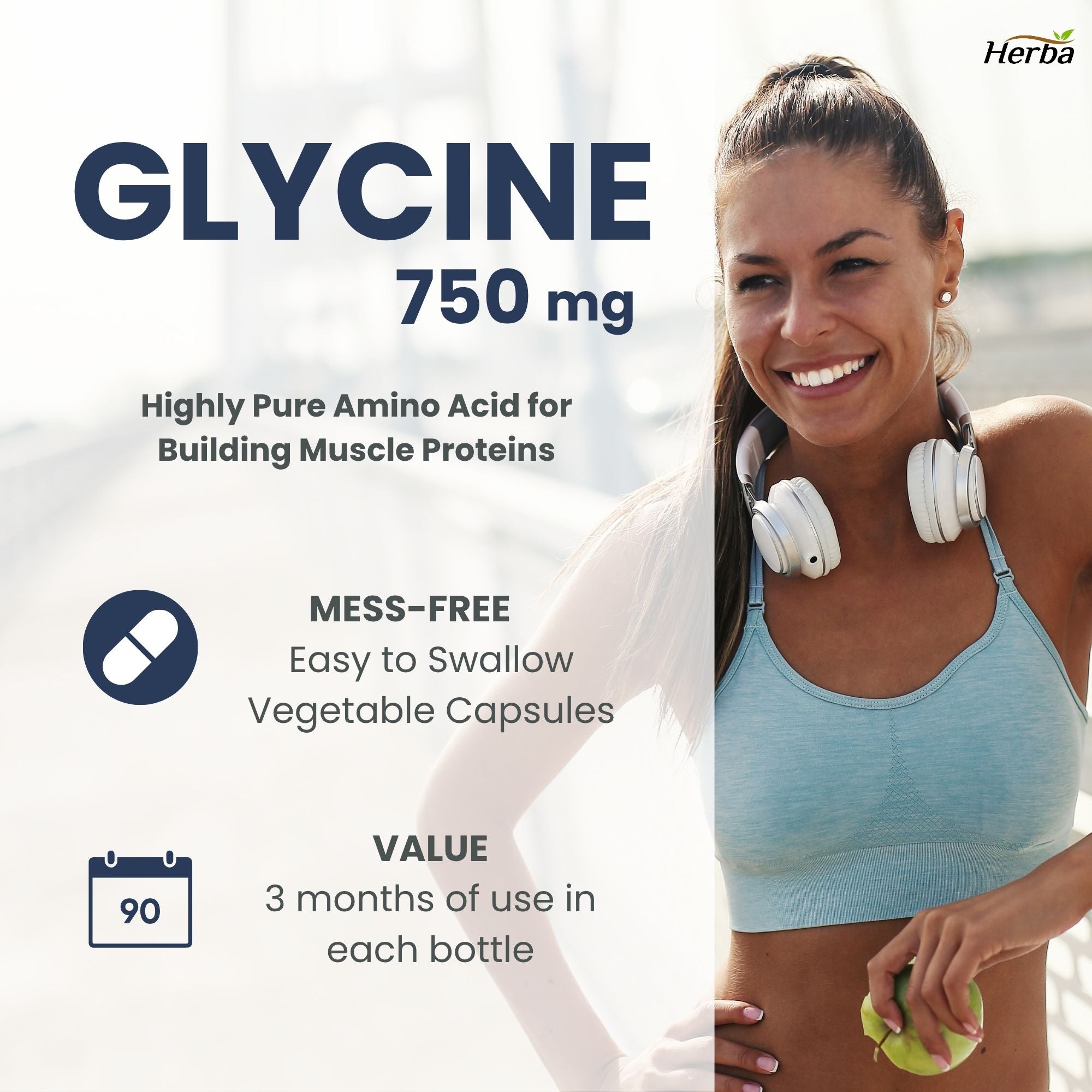Herba Glycine Supplement 750mg - 180 Capsules - &gt;99% Ultra Pure Glycine Capsules | Made in Canada