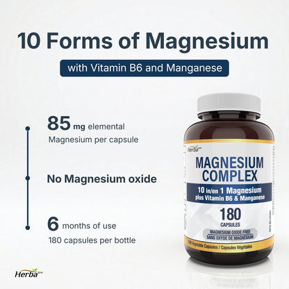 Complexe de Magnésium 10 en 1 – 180 Capsules | Sans oxyde de magnésium | Fabriqué au Canada