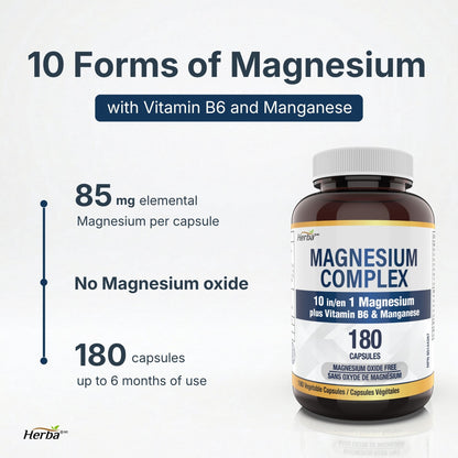 Complexe de Magnésium 10 en 1 – 180 Capsules | Sans oxyde de magnésium | Fabriqué au Canada