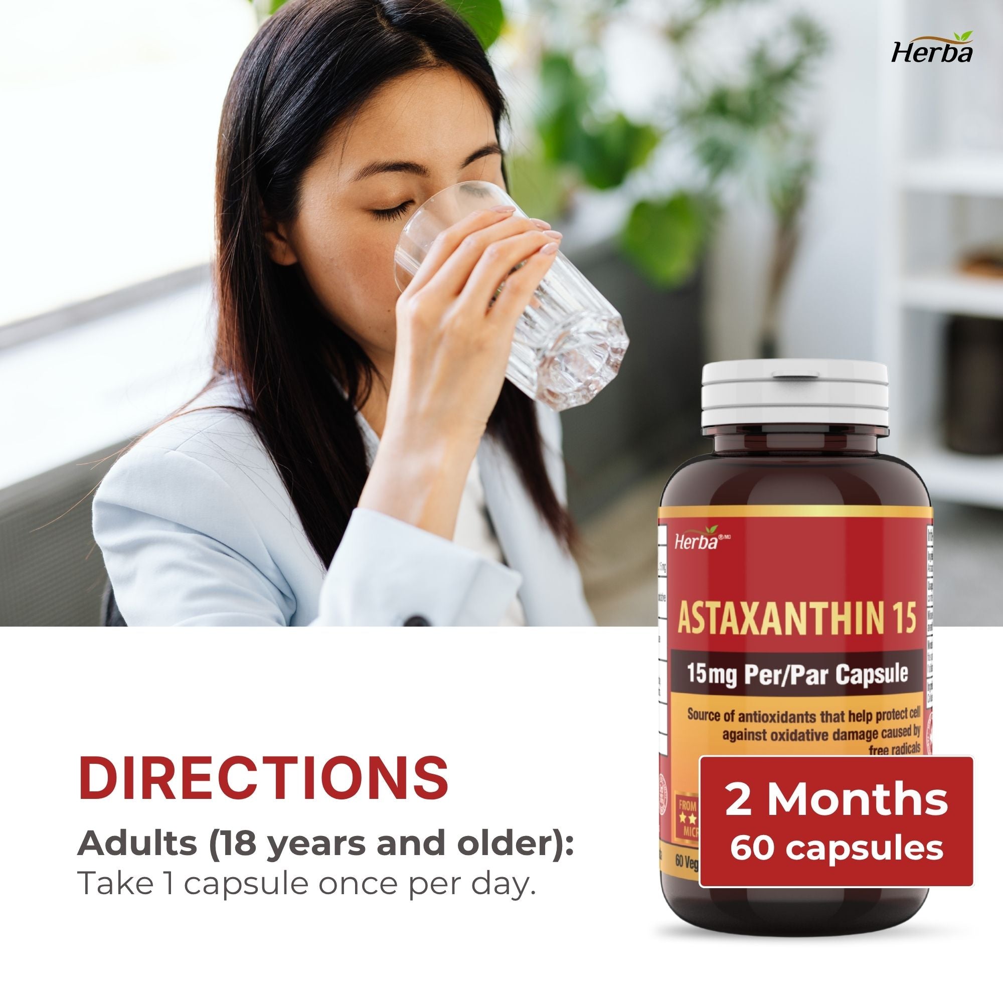 Astaxanthin Supplement 15mg – 60 Vegan Capsules | Made in Canada