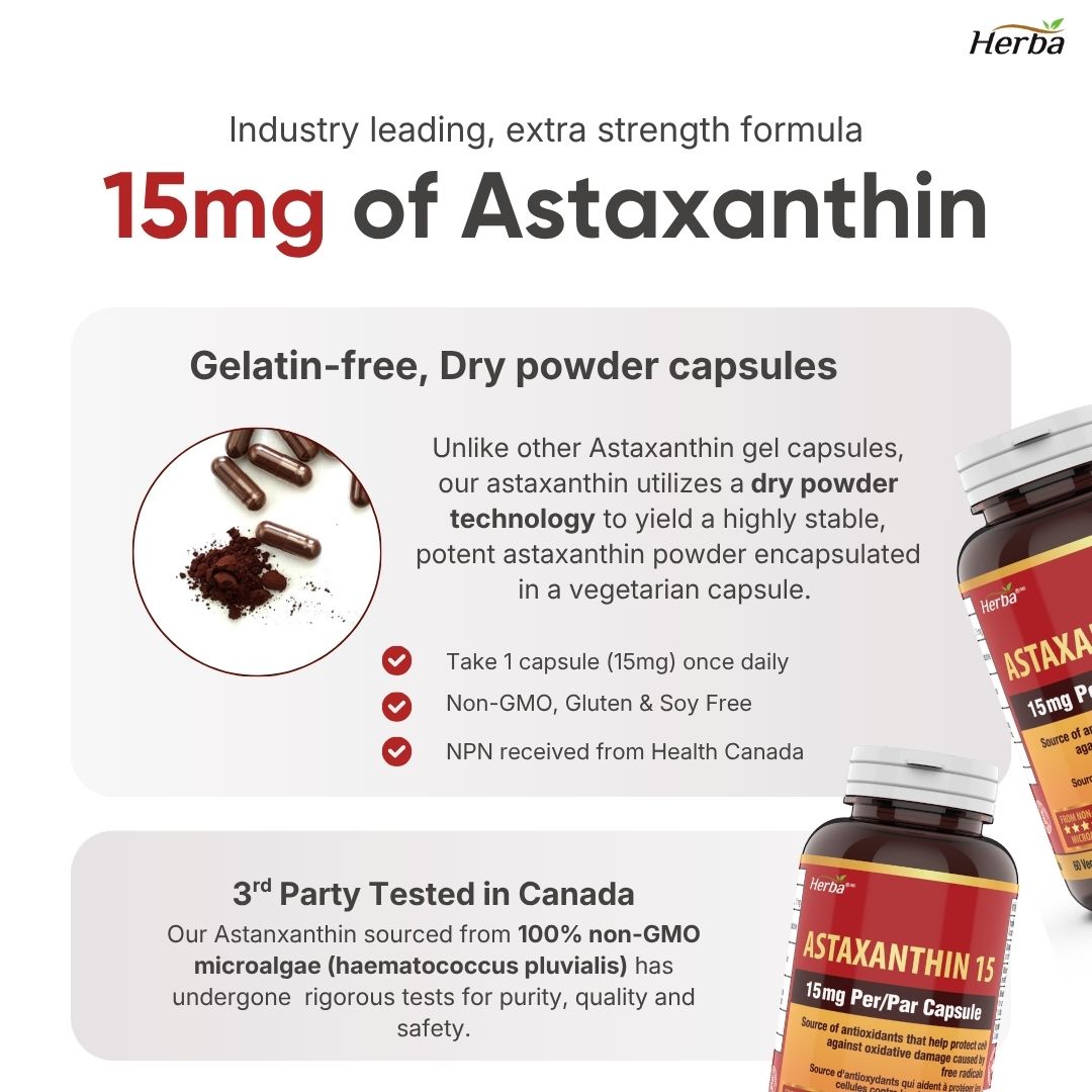 Astaxanthin Supplement 15mg – 60 Vegetable Capsules | Made in Canada