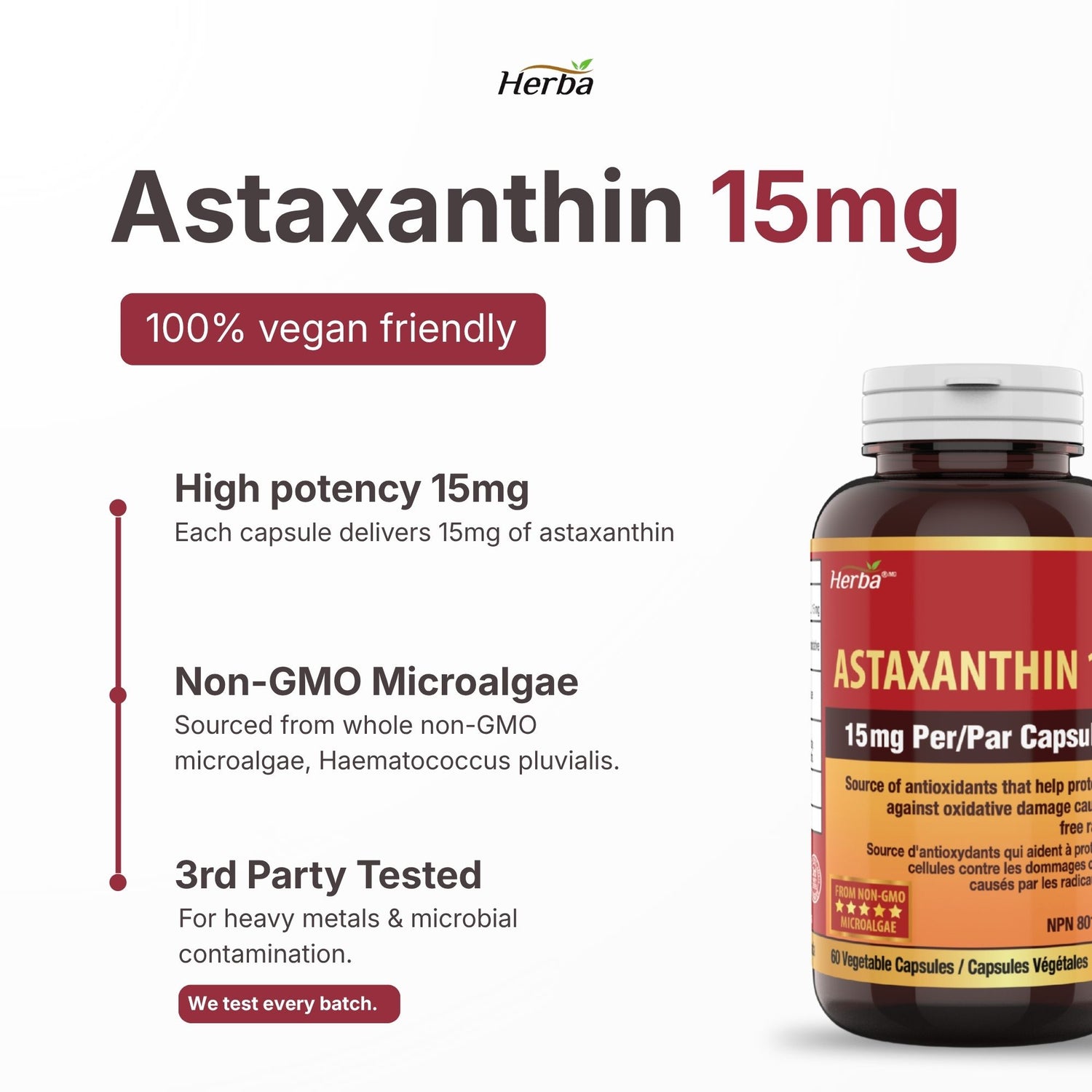 Astaxanthin Supplement 15mg – 60 Vegan Capsules | Made in Canada