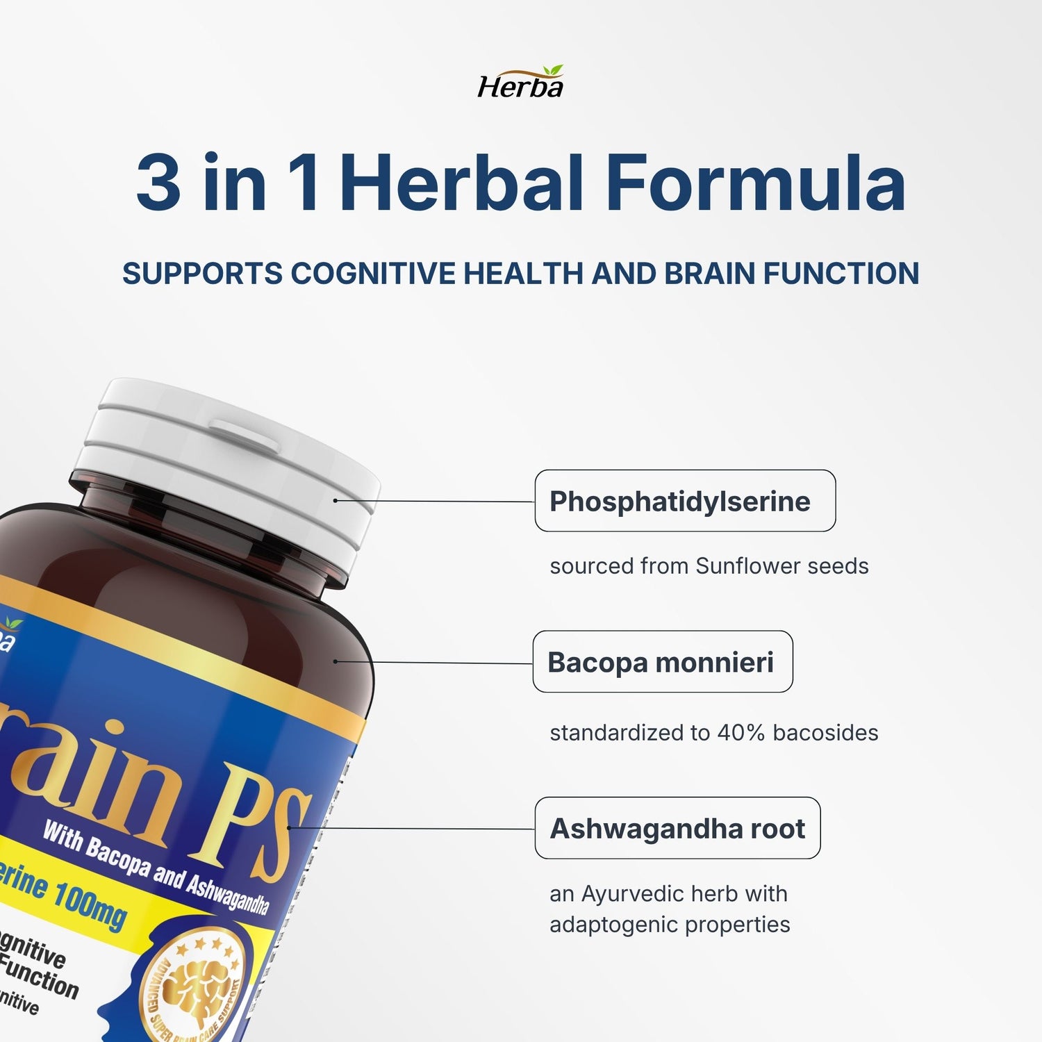 Brain PS - 90 Capsules | Brain Supplement with Phosphatidylserine, Bacopa Monnieri, and Ashwagandha