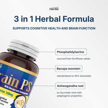 Brain PS - 90 Capsules | Brain Supplement with Phosphatidylserine, Bacopa Monnieri, and Ashwagandha