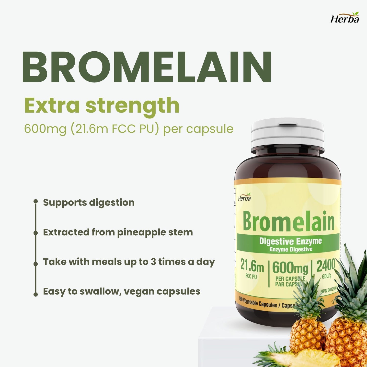 Supplément de bromélaïne 600 mg – 180 gélules | Puissance maximale de 2 400 GDU/g