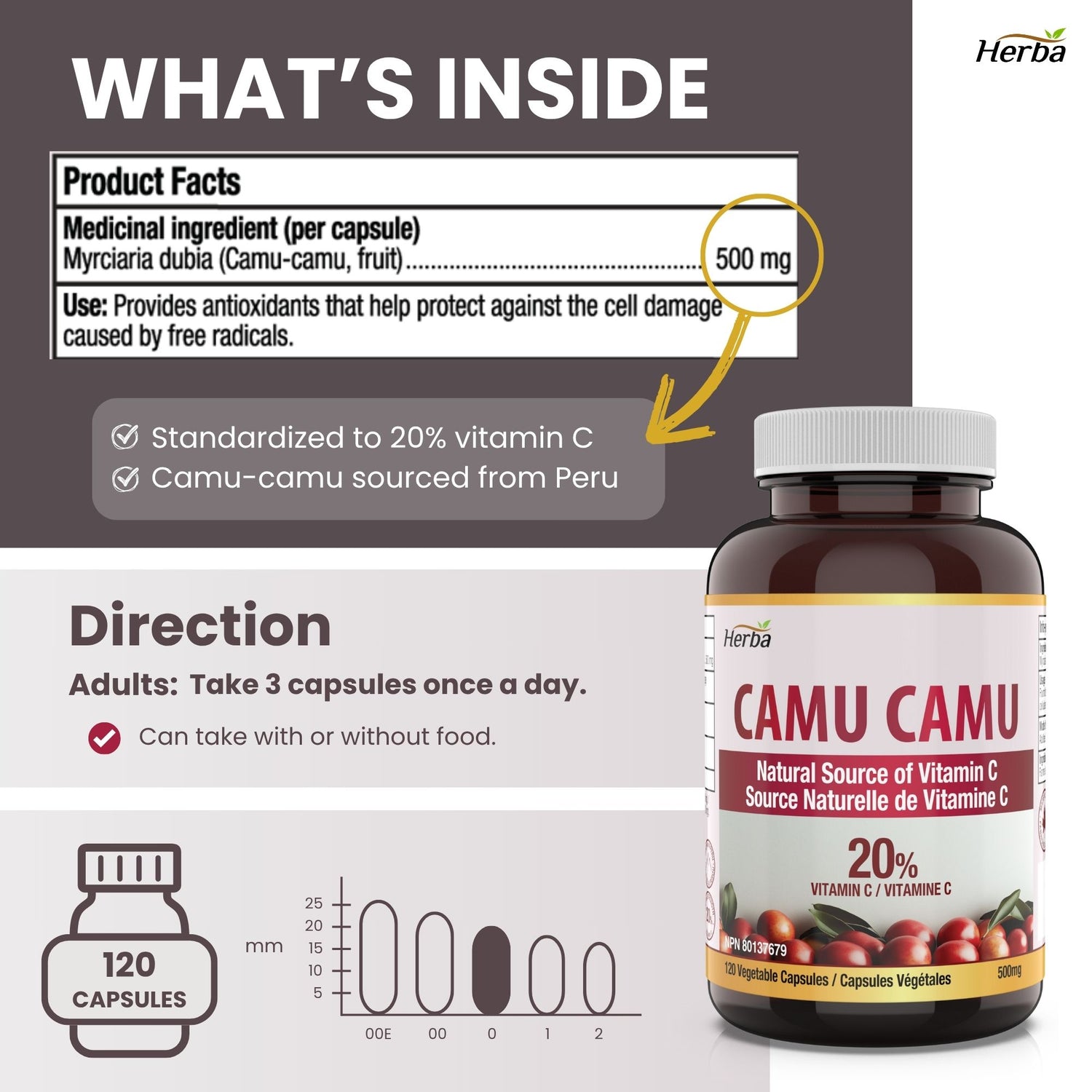 Camu Camu Capsules 500mg - 120 Capsules | 20% Natural Vitamin C | Made in Canada