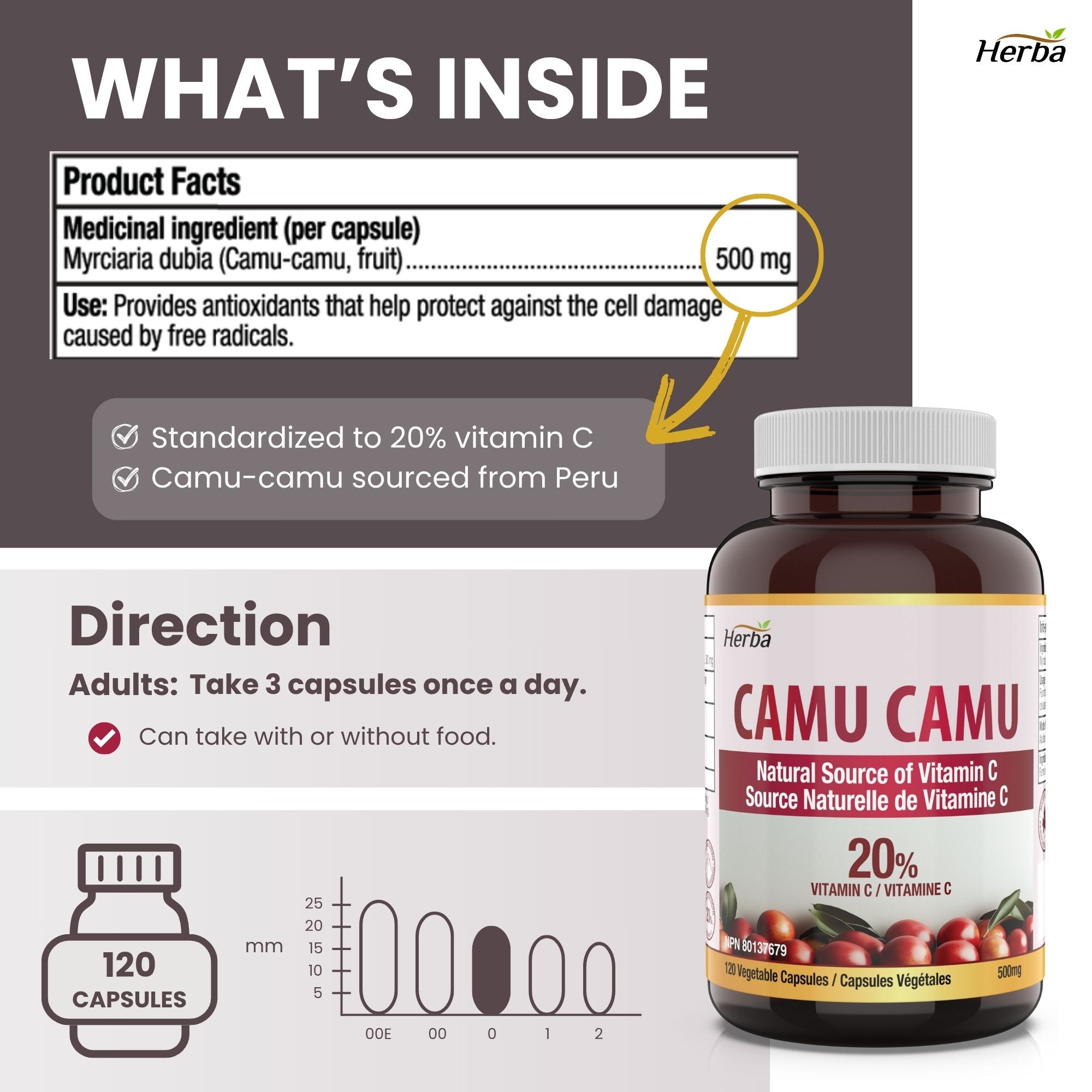Camu Camu Capsules 500mg - 120 Capsules | 20% Natural Vitamin C | Made in Canada