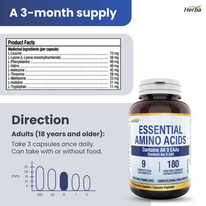 Essential Amino Acids Supplement – 180 Capsules | All 9 EAA Supplement in Free Form | Made in Canada