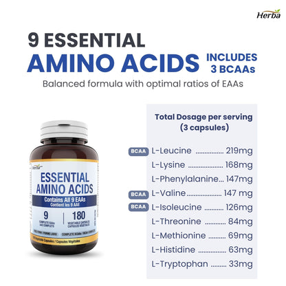 Essential Amino Acids Supplement – 180 Capsules | All 9 EAA Supplement in Free Form | Made in Canada