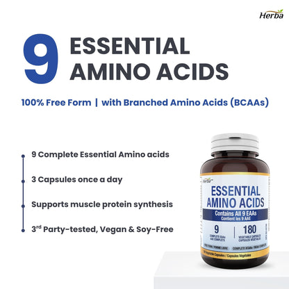 Essential Amino Acids Supplement – 180 Capsules | All 9 EAA Supplement in Free Form | Made in Canada