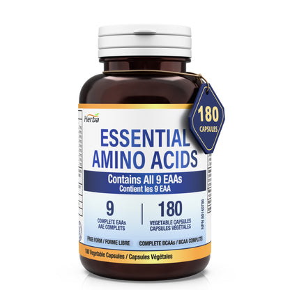 Essential Amino Acids Supplement – 180 Capsules | All 9 EAA Supplement in Free Form | Made in Canada