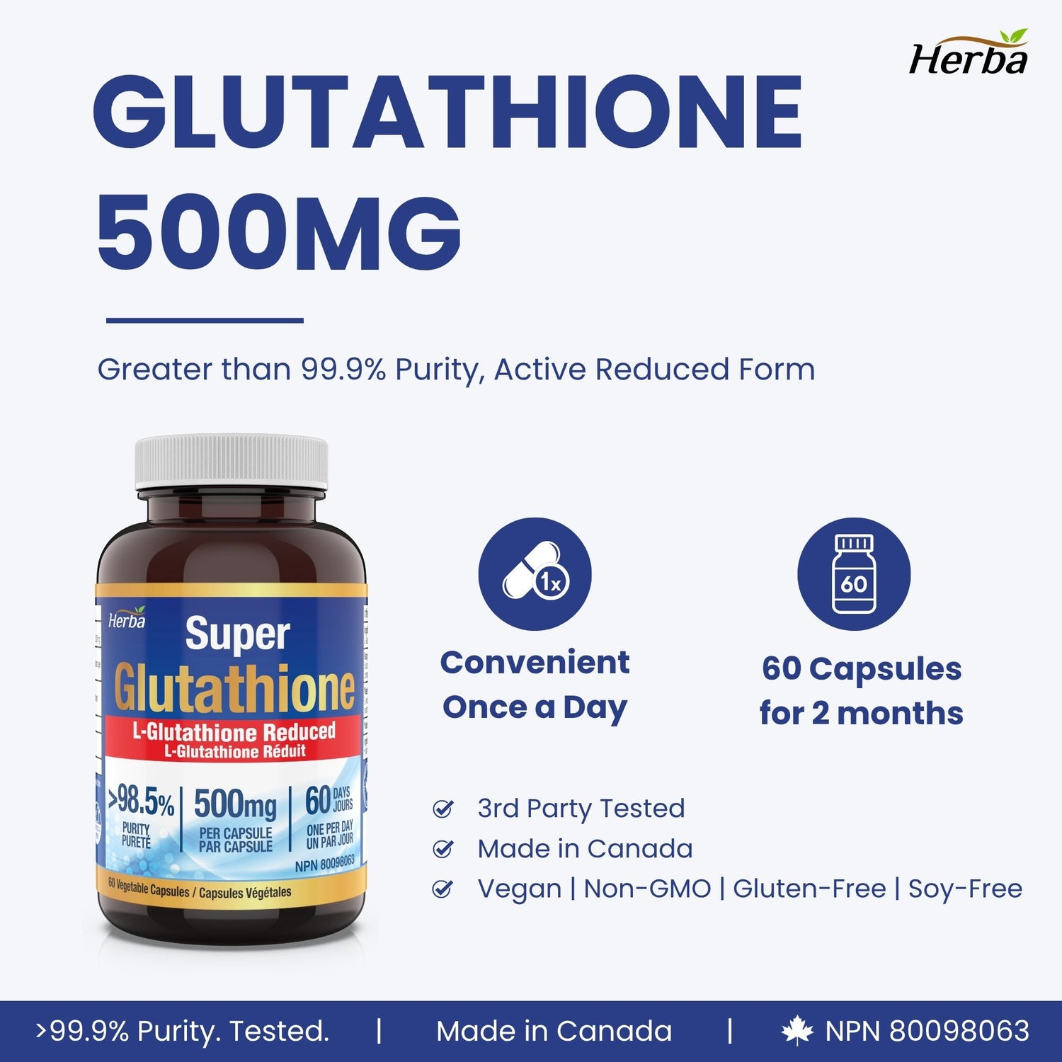 Suppléments de glutathion 500 mg, 60 gélules végétales-L-glutathion forme active réduite