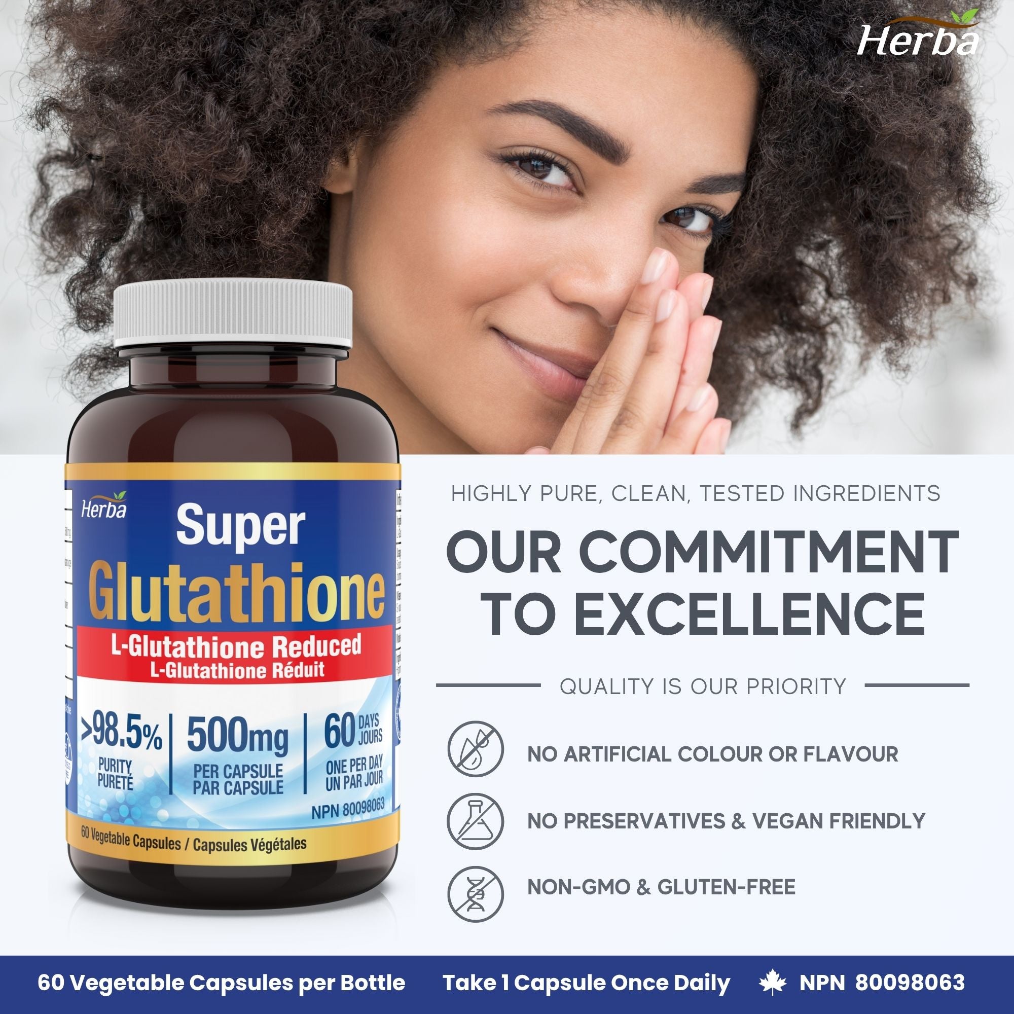 Suppléments de glutathion 500 mg, 60 gélules végétales-L-glutathion forme active réduite