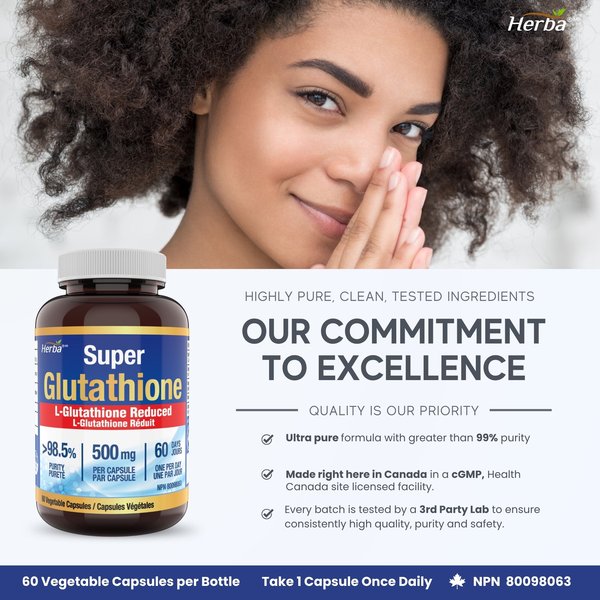 Suppléments de glutathion 500 mg, 60 gélules végétales-L-glutathion forme active réduite