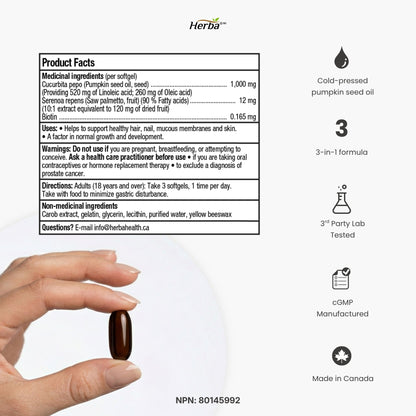 Pumpkin Seed Oil Capsules for Hair - 90 Softgels | 3 in 1 with Saw Palmetto and Biotin | Made in Canada