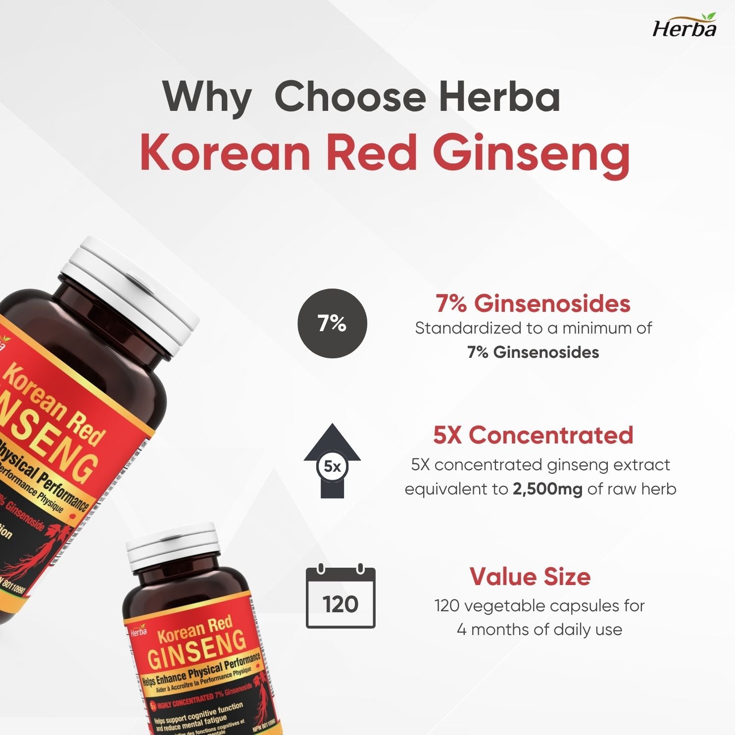 Korean Red Ginseng Extract Capsules – 5:1, 2500mg Equivalent | 120 Vegetable Capsules