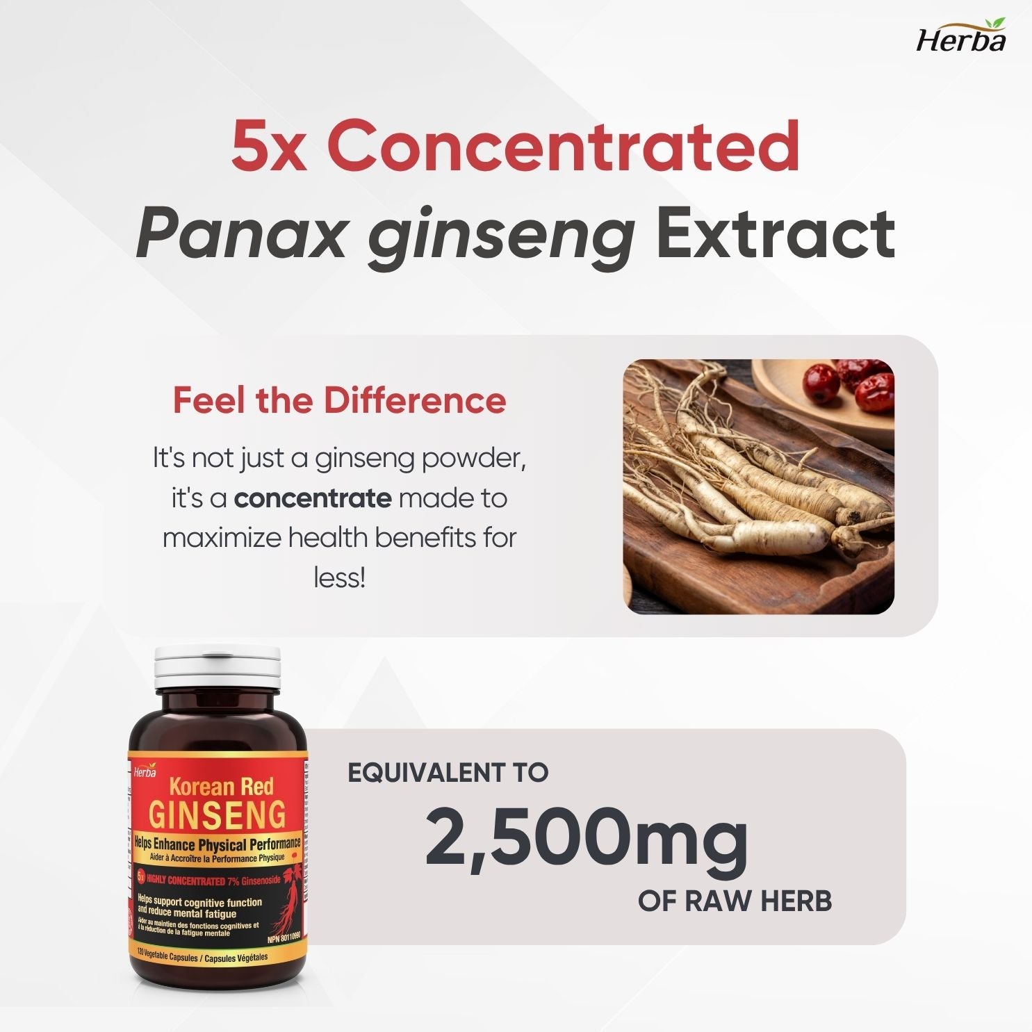 Korean Red Ginseng Extract Capsules – 5:1, 2500mg Equivalent | 120 Vegetable Capsules