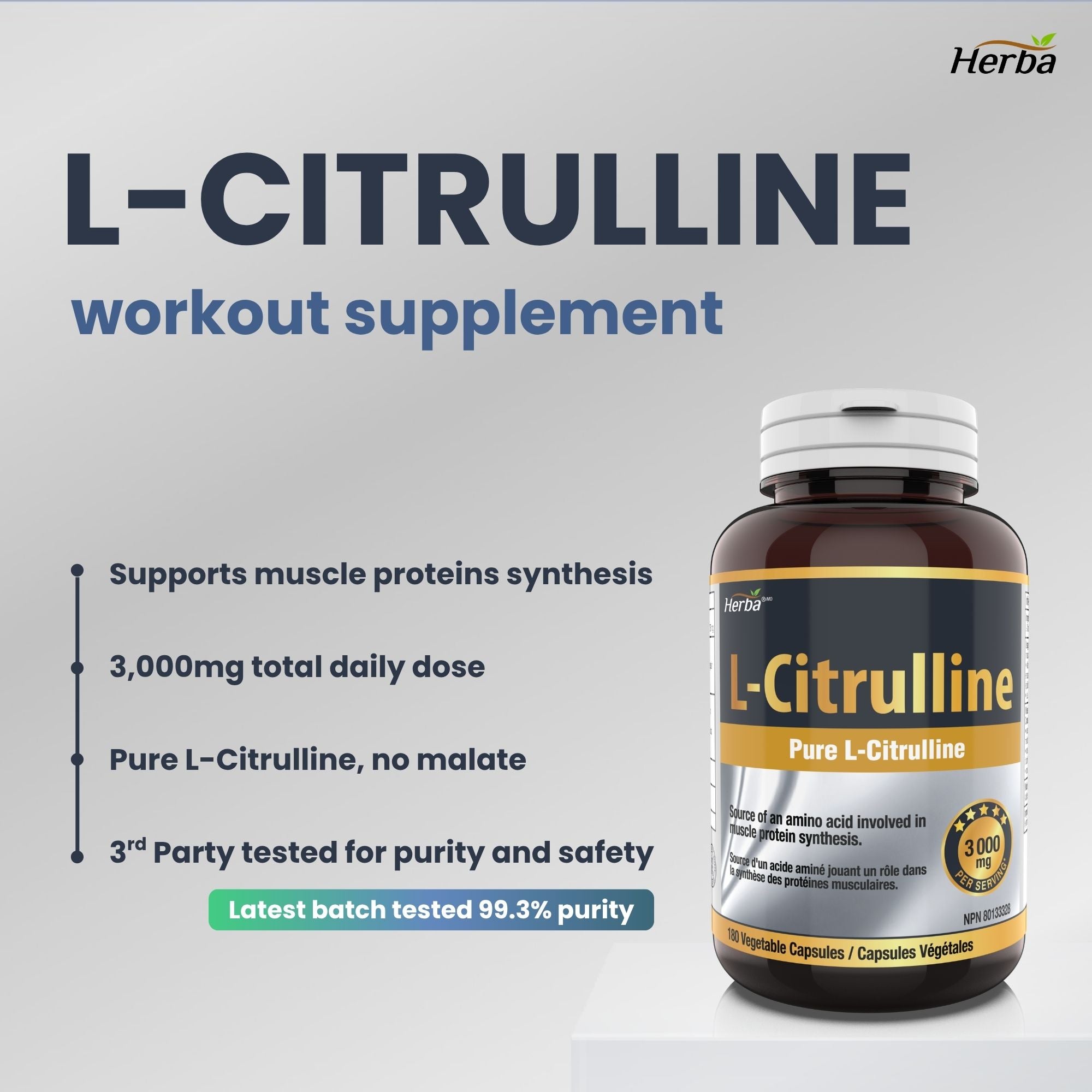 Supplément L-Citrulline 750 mg – 180 Gélules Végétales | Fabriqué au Canada