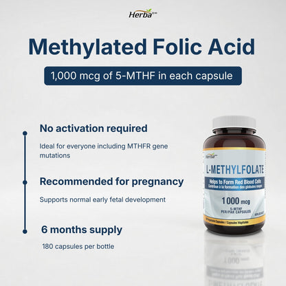 L-Methylfolate 1000mcg - 180 Capsules | Vitamin B9 5-MTHF Folate Supplement | Made in Canada