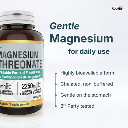 Magnesium L-Threonate Supplement – 186mg | Made in Canada | 90 Vegetable Capsules