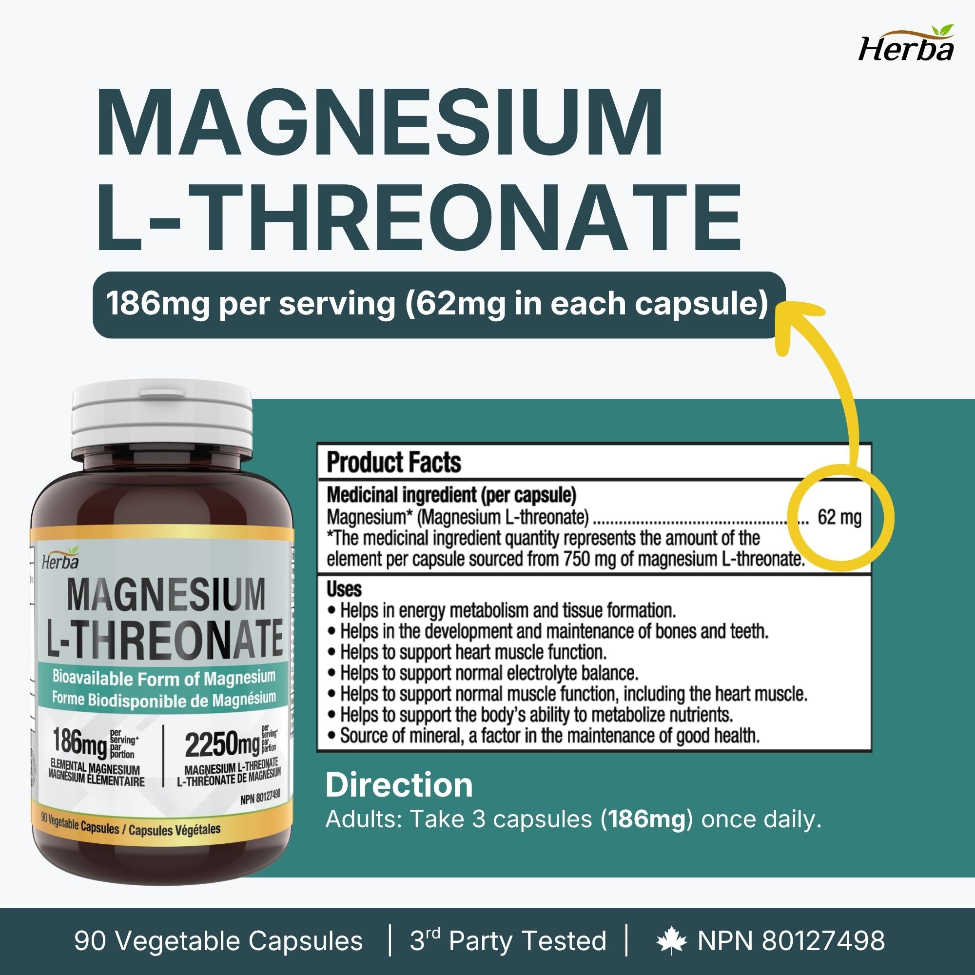 Magnesium L-Threonate Supplement – 186mg | Made in Canada | 90 Vegetable Capsules