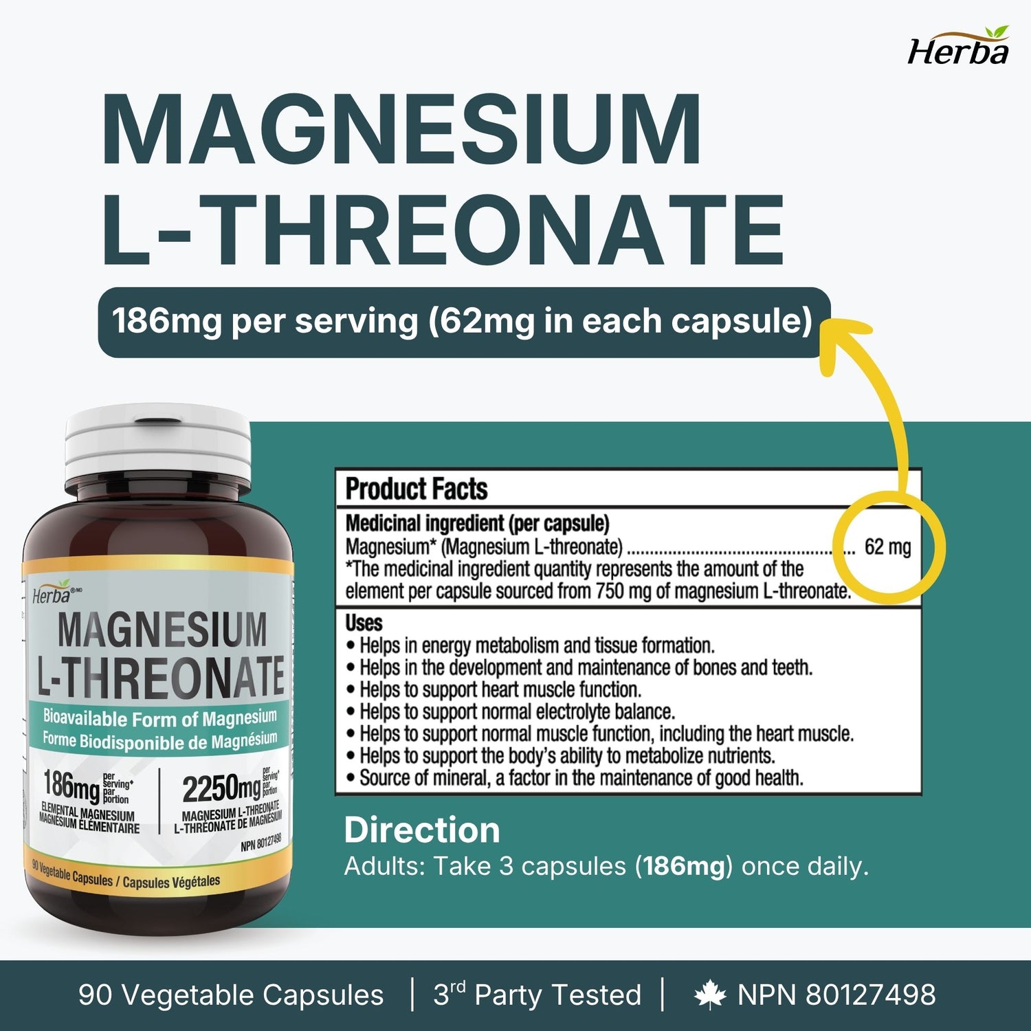 Magnesium L-Threonate Supplement – 186mg | Made in Canada | 90 Vegetable Capsules