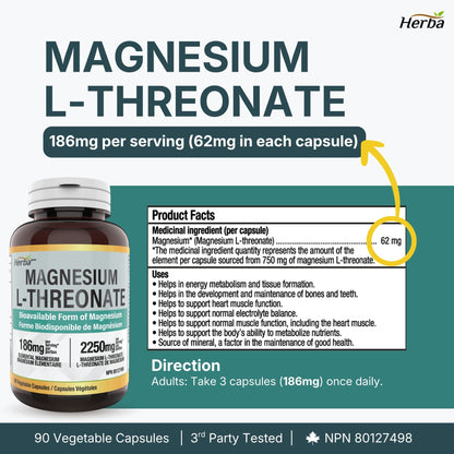 Magnesium L-Threonate Supplement – 186mg | Made in Canada | 90 Vegetable Capsules