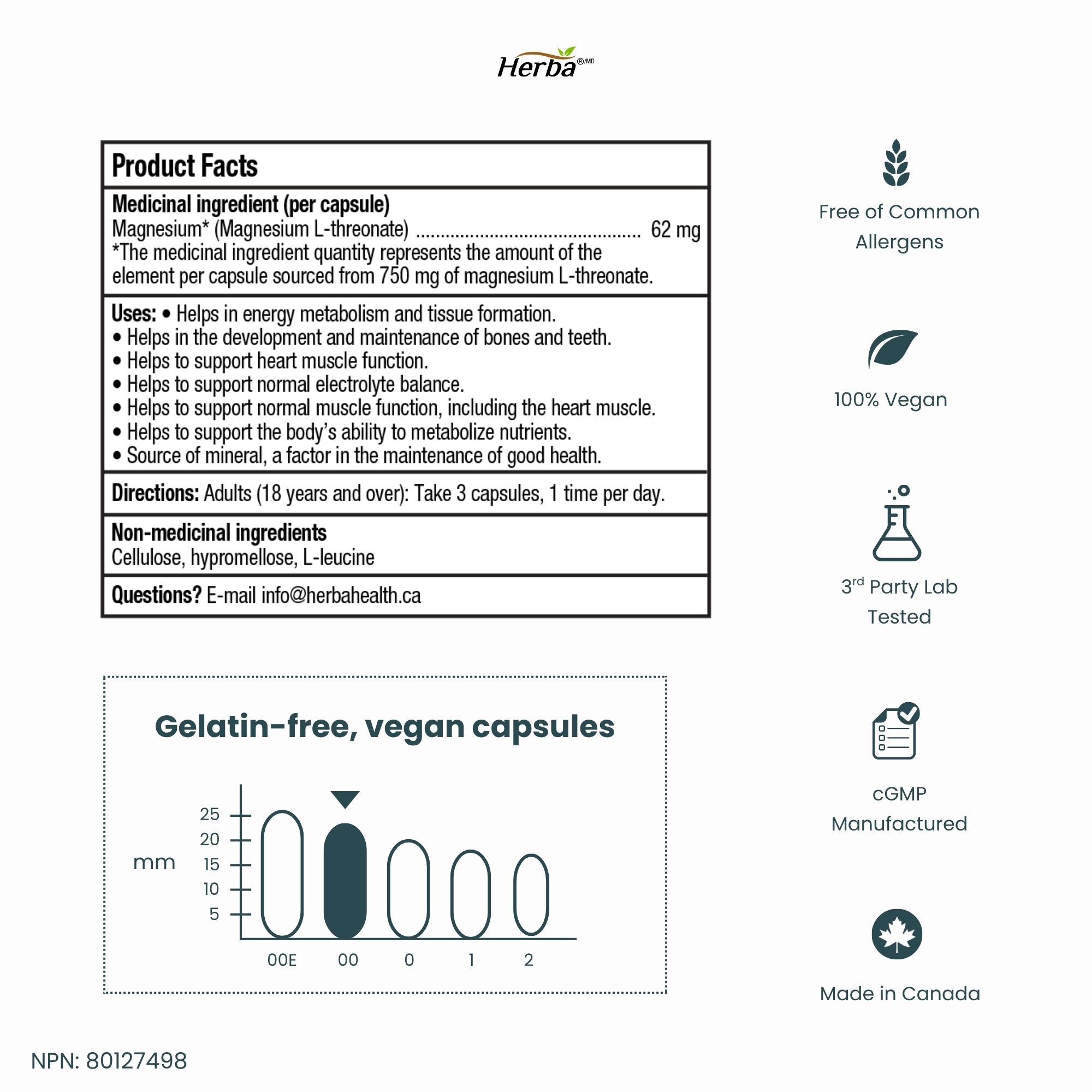 Magnesium L-Threonate Supplement – 186mg | Made in Canada | 180 Vegetable Capsules